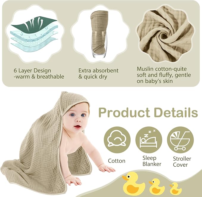 Peryiter 4 Pcs Muslin Hooded Baby Towels, 32"x 32" Cotton Newborn Bath Towel Muslin Infant Baby Blankets Absorbent Unisex Newborn Registry Gift Essentials for Girls Boys (Gray Series)