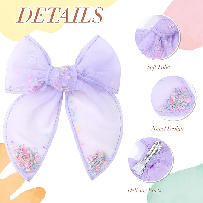 6 PCS Tulle Hair Bows for Girls, CN Toddler Bows with Glitter Star Alligator, Colorful Hair Barrettes Wedding Hair Grips Accessories for Baby Girls Infants Toddler Teens Party (Type A)