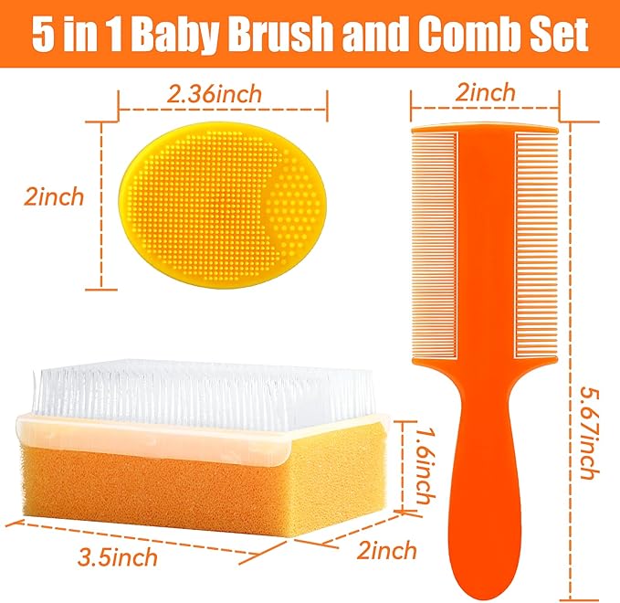 Cradle Cap Brush for Babies, 5Pcs Cradle Cap Treatment Set with Soft Bristle Brushes Silicone Scrubber Long Comb for Newborn Bathing Essentials Baby Brush and Comb Set (Orange)