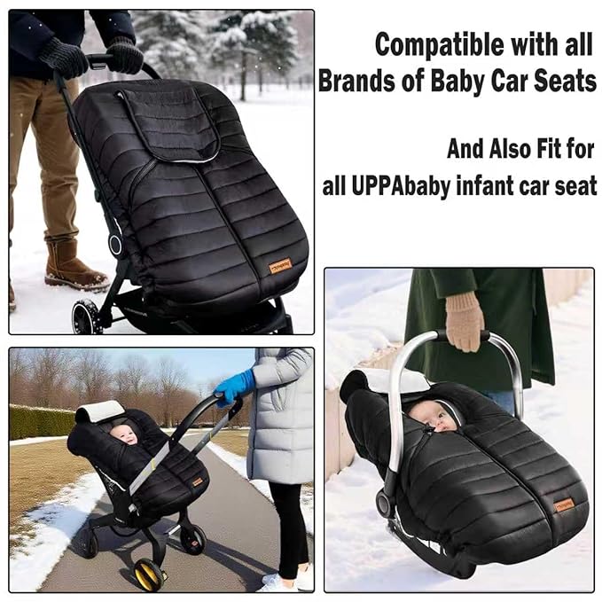 Winter Baby Car Seat Cover, Infant Carseat Canopy for Boys Girls, Cold Weather Warm Car Seat Covers for Babies, Keeps Babies Warm and Cozy, Rain & Snow Repellent, Waterproof, Newborn Essentials,Black