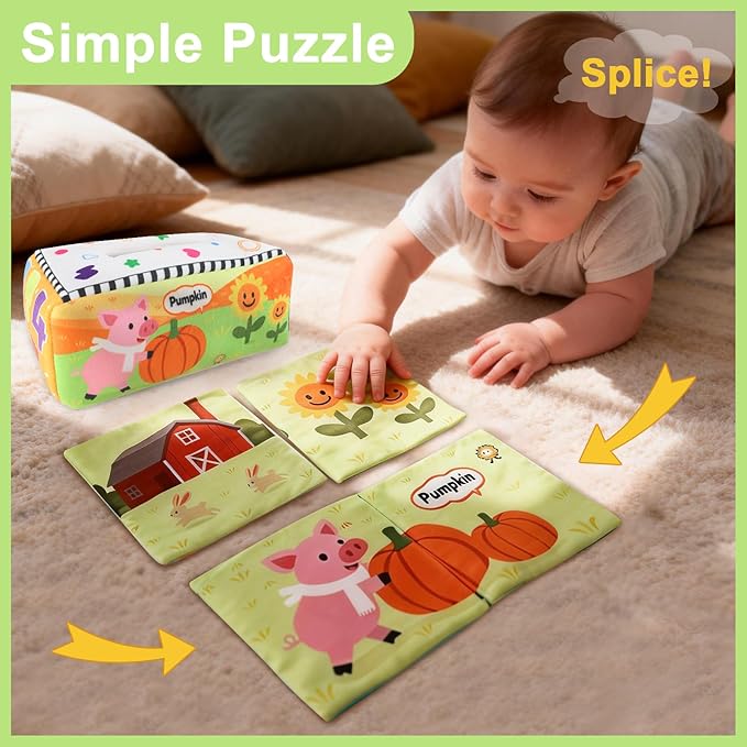 KUANGO Baby Toys 6-12 Months Tissue Box Toy, Soft Crinkle Stuffed Montessori Toys for 6 7 8 9 10 Month Old Infant Sensory Newborn Toys Baby Boys Girls Gifts