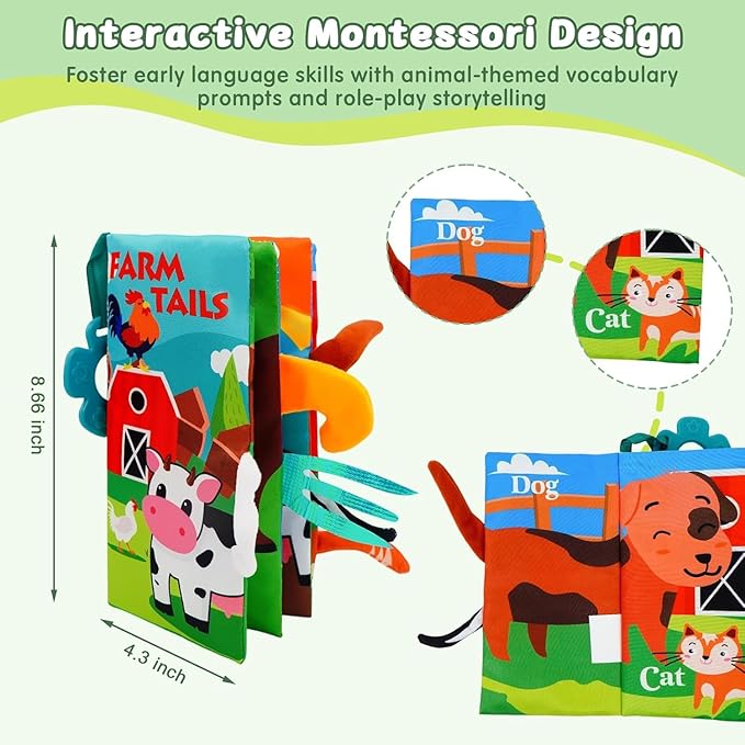 Baby Cloth Book Toys with Tails, Stroller Soft Toys for Infant Baby 0-18 Months (Farm Animals)