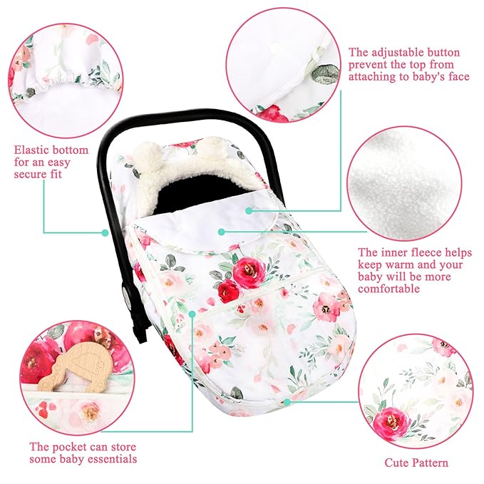 Car Seat Covers for Babies Winter, Flower Carseat Cover Girls, Zipped Cozy & Warm Cover, Universal, Ultra-Soft Breathable, Removable Design Infant Car Seat Canopy