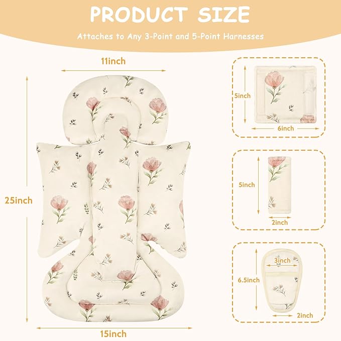 SWESEN Infant Car Seat Insert with 3 Strap Covers Set, Car Seat Head Support Baby for Girls, Soft 3 in 1 Baby Car Seat Cushion for Strollers, Bouncers, Swing, Simple Floral
