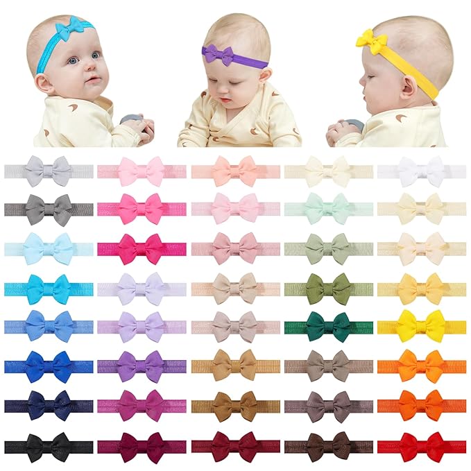 jollybows 40pcs Baby Girls Bows Headbands EXTREMELY MINI Elastic Hairband Ribbon Bow Hair Accessories for Kids Toddlers Infants Newborn