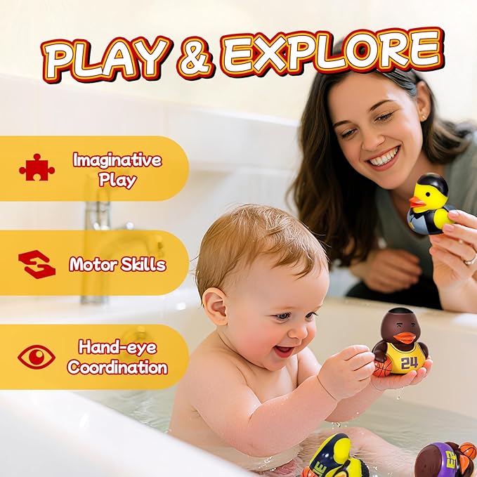 No Hole Bath Toys for Kids Ages 1-3, Sealed Bath Toys Design Keeps Water Out, Basketball Rubber Duck, Baby & Toddler Bathtub Toys(with Storage and Net)