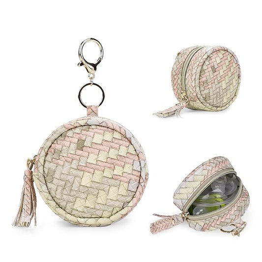 MOMIGO Pacifier Case Bag - Leather Pacifier Holder with Clip for Diaper Bag Stroller Purse Charm, Holds 2 Pacifiers Outdoor Travel (Weave)