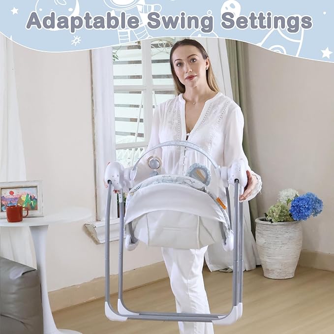 Baby Swing for Infant,Newborn Swing with Music,5 Speed Levels,Timing Setting,Soft Cushion,Foldable Infant Swing with with Hanging Planets Toy & Mirror for Indoor Outdoor Use 0-9 Months