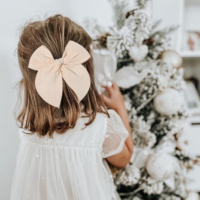 5.5 Inch Ivory Fable Hair Bow: Handmade Linen Cotton Hair Clip for Girls - 1 PCS