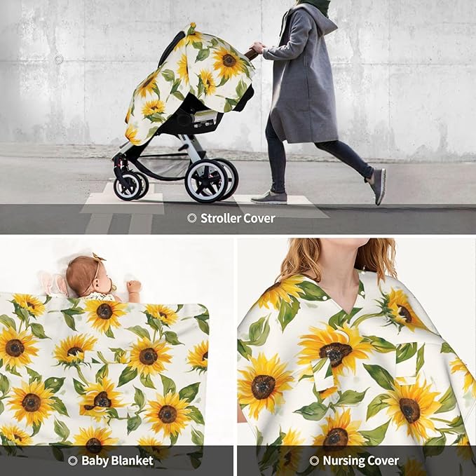 Spring Sunflowers Car Seat Canopy Cover, Universal Fit for Infant Car Seats，Breathable,Multi-Use Nursing Cover, Gift Ready