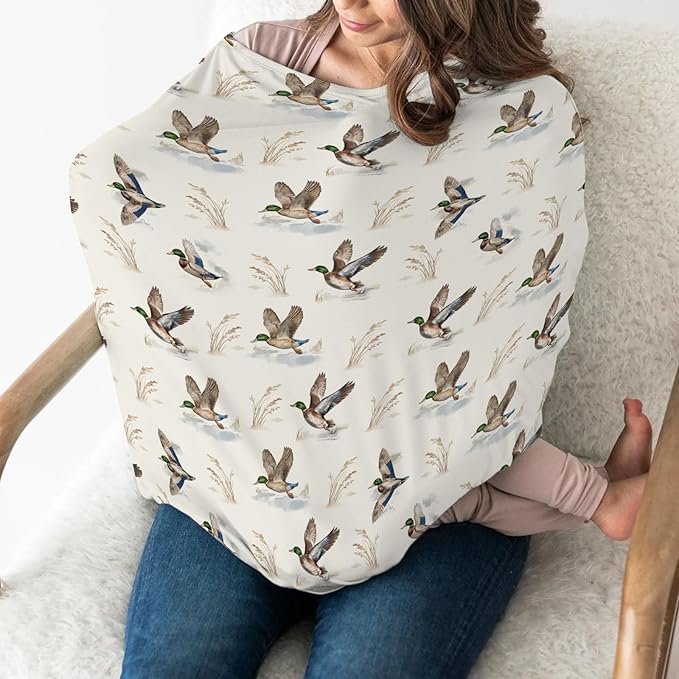 Wild Ducks Mallards Baby Car Seat Covers Vintage Duck Hunting Stretchy 5-in-1 Cover Adjustable Car Canopy Breastfeeding Cover Retro Duck Leaves Pond Breathable Nursing Cover-Up