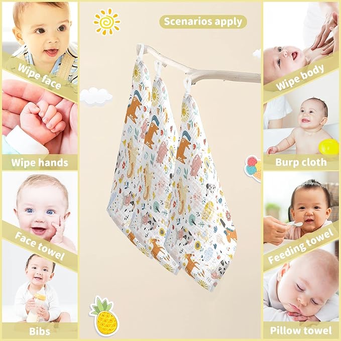 Cute Farm Animals Baby Muslin Washcloths - Soft Face Towel for Newborns, 11.8 X 11.8 Inch, 3 Pack