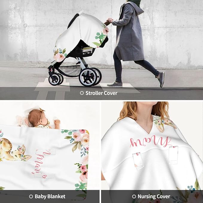 Personalized Baby Car Seat Canopy for Babies, Custom Name Car Seat Covers for Baby Girl, Floral Deer Opening Minky Nursing Breastfeeding Cover for Infant, Carseat Canopies for Newborn