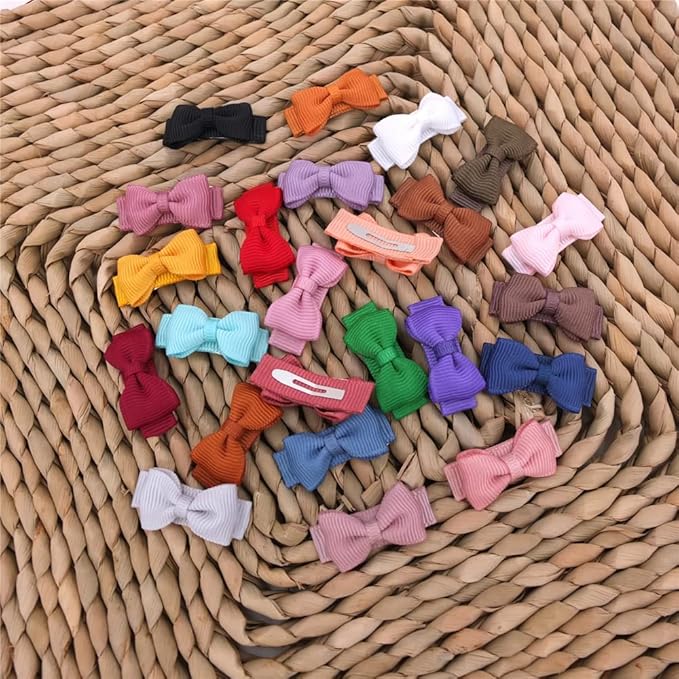 24 Pcs Thumbnail Hair Bow Snap Clips for Toddler Baby Fine Hair Clips in Fringe Bangs Tiny Bow Accessories Infant Baby Girl Kids Mini Hairbow