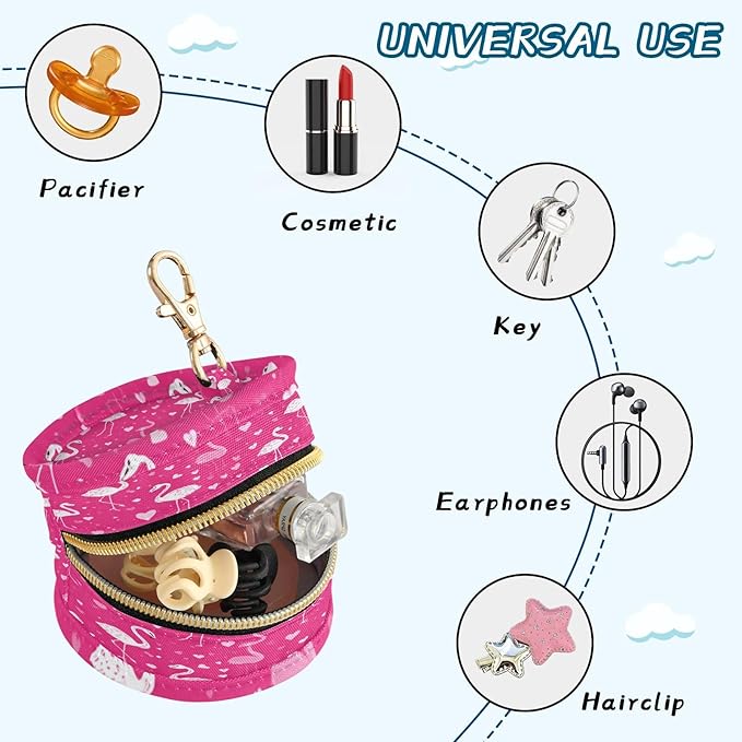Pacifier Holder with Clip Pacifier Case for Diaper Bag Round Baby Pacifier Pouch Box Bag Portable Hot Pink Flamingos and Hearts