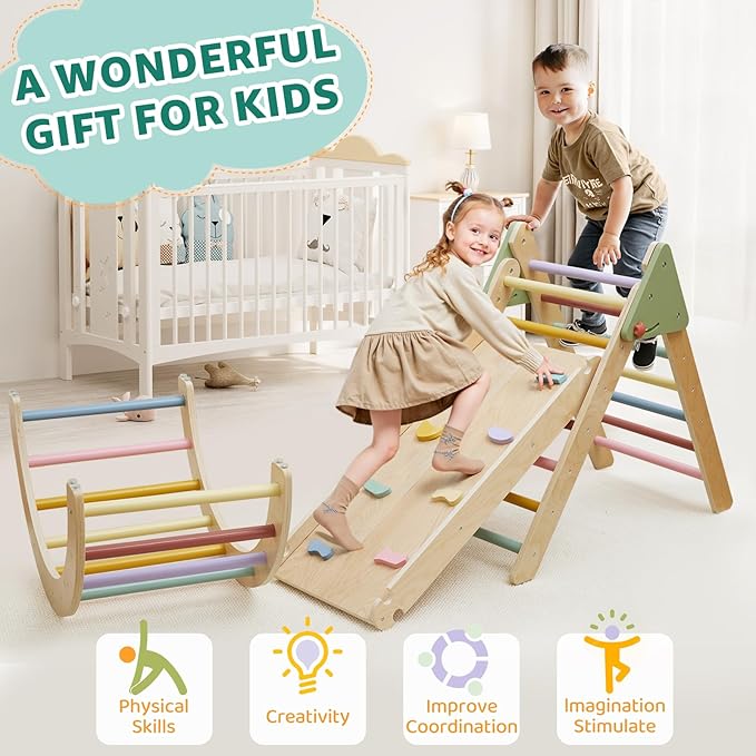 3in1 Pikler Triangle Set, Pikler Triangle Climbing Toys Set for Toddlers, Wooden Toddler Climbing Toys Indoor Playground, Foldable Montessori Climbing Set with Arch&Ramp&Ladder, Jungle Gym for Kids