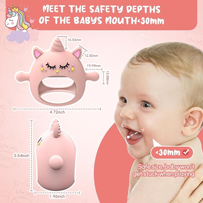 Teething Toys for Babies 6-12 Months, Tinabless Unicorn Never Drop Silicone Teether Designed for Babies 0-6 Months, Car Seat Toy for New Born, Natural Organic Baby Teether for Boys&Girls, Pink