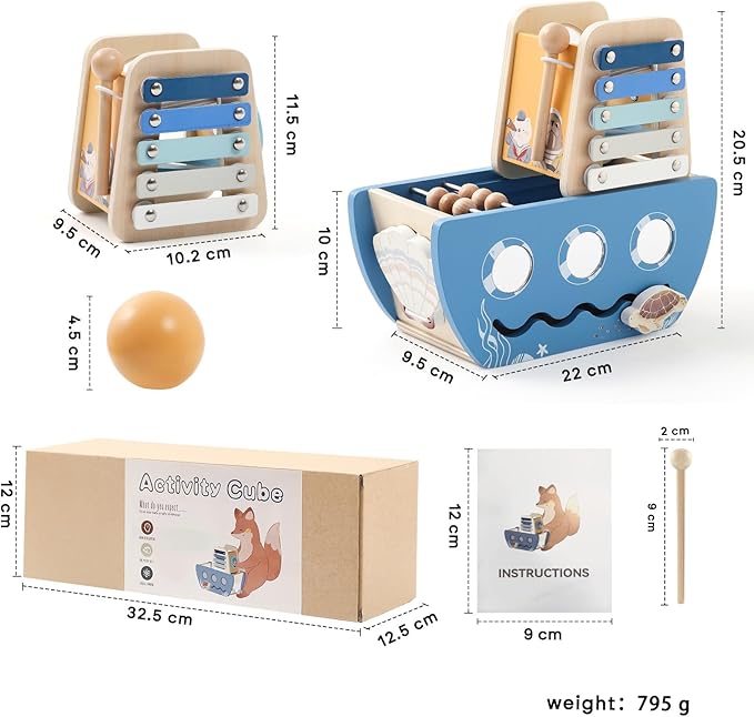 Promise Babe 5-in-1 Baby Wooden Activity Cube, Sea Ocean Montessori Toddler Toys for 1+ Year Old Boys Girls Gifts, Educational Learning Boat Toys for 1st Birthday Gifts for Kids