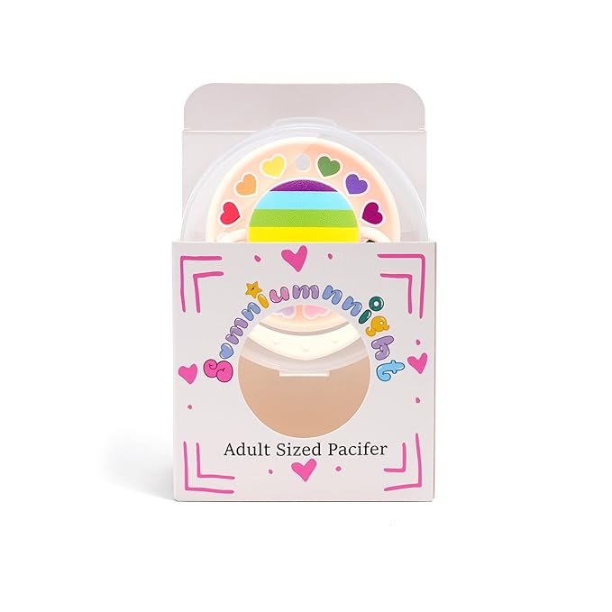 Adult Pacifier Silicone Nipple: Cute Rainbow Round Big Size Shield Binky for Anxiety - Heart Paci for Autism Sensory Stress Relief Gifts Pink with Case