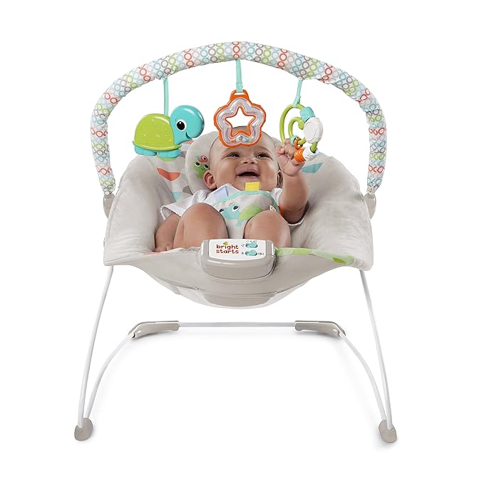 Bright Starts Baby Bouncer Soothing Vibrations Infant Seat - Taggies, Music, Removable -Toy Bar, 0-6 Months Up to 20 lbs (Happy Safari)