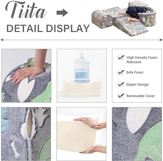 Tiita Baby Climb and Crawl Playset 5-Piece, Kids Foam Climbing Block with Small Ball Pit - Indoor Soft Play Climber for Playtime Fun, Grey Star, Green Dinosaur