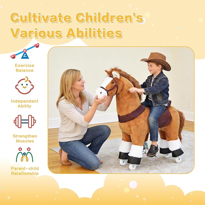 Ride on Horse Toys for Kids, Ride on Toy for 4 to 9 Years Old, 36.6'' Height Riding Horse Rider Mechanical Walking Action Plush Animal, No Battery or Electricity, Max Load 165LBS - Brown