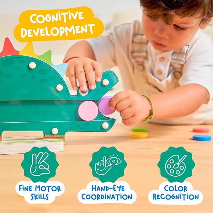 Nene Toys Hungry Dino, Montessori Wooden Dinosaur Toy for Toddlers, Color Sorting and Matching Game, Learning Toys for 2 3 Years Old Kids, Preschool Educational Game, Gift for Boys Girls 2+ Years