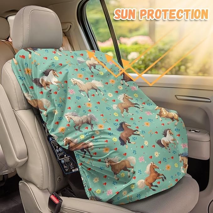 Car Seat Sun Shade Cover, Portable Car Seat Cover Baby Trend Car Seat Protector, Easy Installation for Baby & Kids, Horse Green