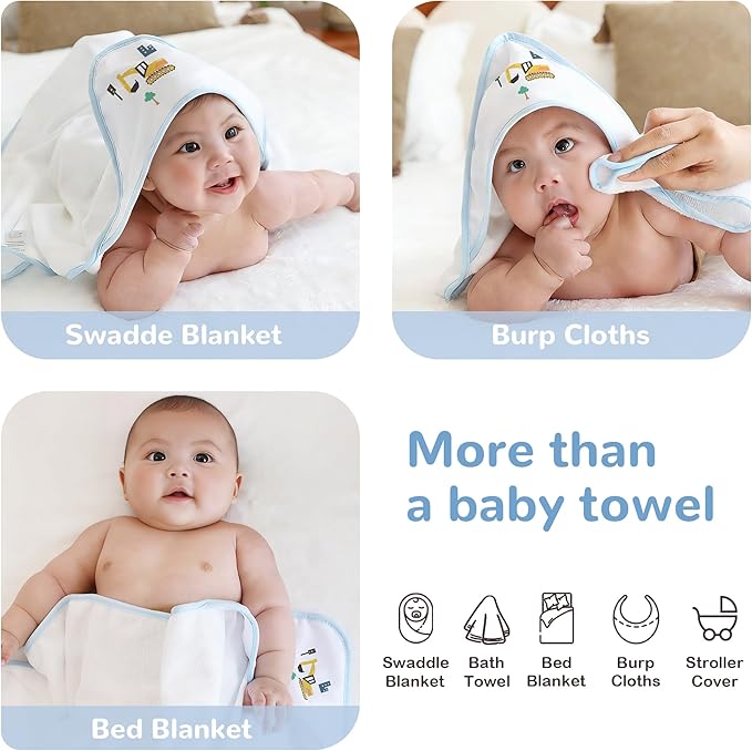 Viviland 6 Pcs Hooded Baby Towels and Washcloths Set, Super Gentle Bath Towels for Newborn Face & Body, Absorbent Wash Cloth for Infants Boys, Grey-Excavator Pattern, 28 x 28 inch
