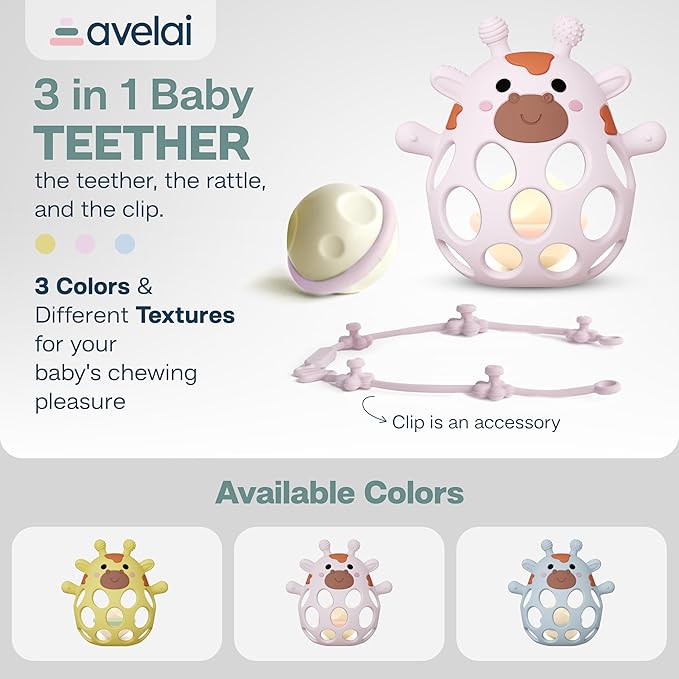 Giraffe Baby Teether with Pacifier Clip - 3 in 1 Teething Toy, Rattle & Clip Set, Food Grade Silicone BPA Free, Baby Teething Toys 3-6 Months, Baby Toys 6-12 Months