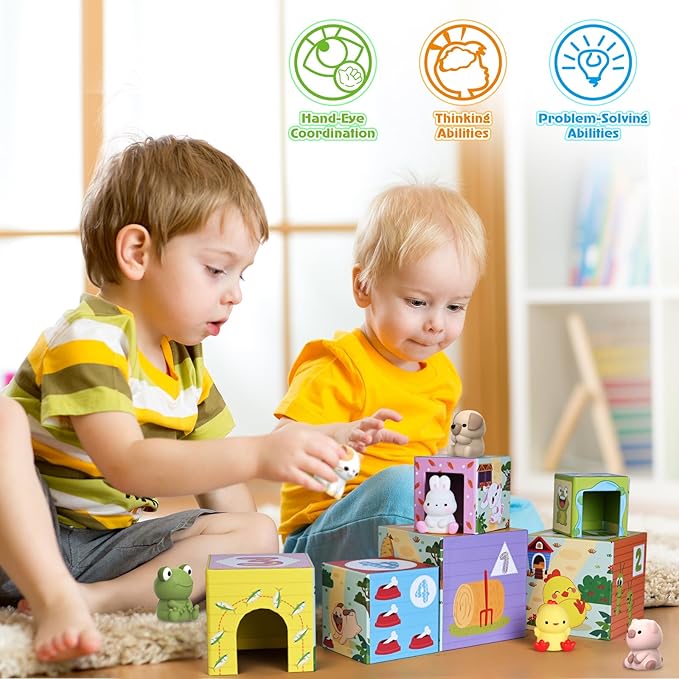 ShyLizard Toddler Farm Animal Sorting and Stacking Toys, Nesting Boxes and Blocks With Finger Puppets - Gifts for 1-3 Year Olds