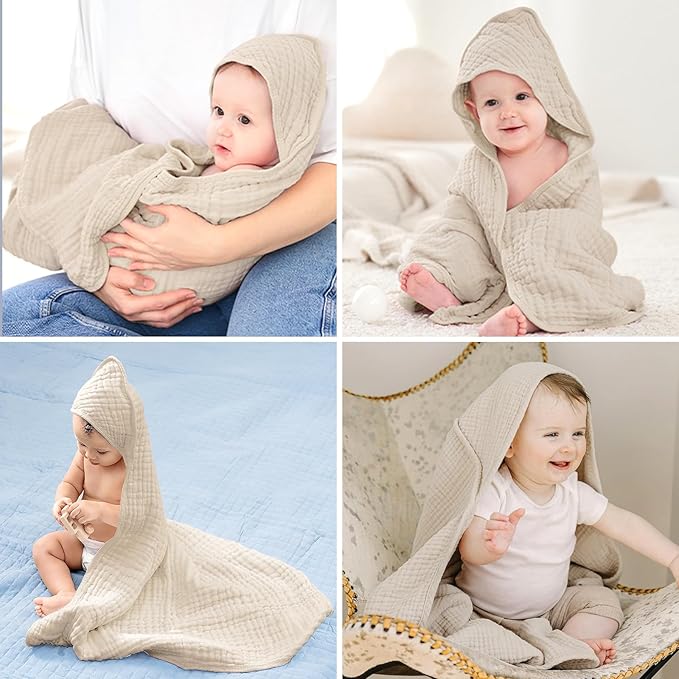 Cinaci 1pc Soft & Absorbent 100% Muslin Cotton Baby Hooded Bath Towel for Baby Girls Boys Newborns Infants Toddlers Kids (Khaki)