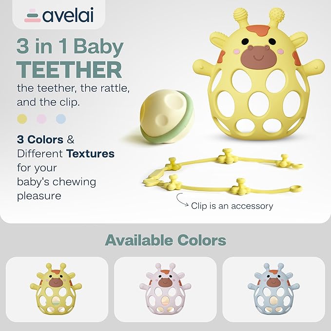 Giraffe Baby Teether with Pacifier Clip - 3 in 1 Teething Toy, Rattle & Clip Set, Food Grade Silicone BPA Free, Baby Teething Toys 3-6 Months, Baby Toys 6-12 Months