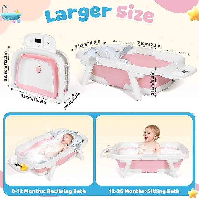 Orzbow Collapsible Baby Bathtub, Large Baby Bath Tub for Newborn with Soft Cushion & Thermometer, Travel Portable Baby Tubs for Infants to Toddler 0-36 Months, 28x16.9 inches, Pink