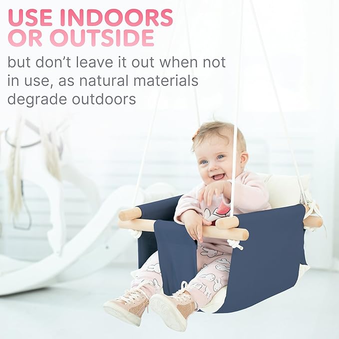 CaTeam - Canvas Baby Swing, Wooden Hanging Swing Seat Chair with Safety Belt, Durable Baby Swing Chair, Outdoor and Indoor Swing for Kids, Mounting Hardware Included, Blue