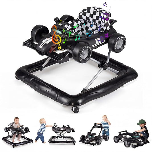 BABY JOY 4-in-1 Baby Walker, Foldable Activity Walker with Push Mode, Adjustable Height, Lights, Anti-Rollover, Baby Walker with Wheels for Boys Girls 6-18 Months (Black)