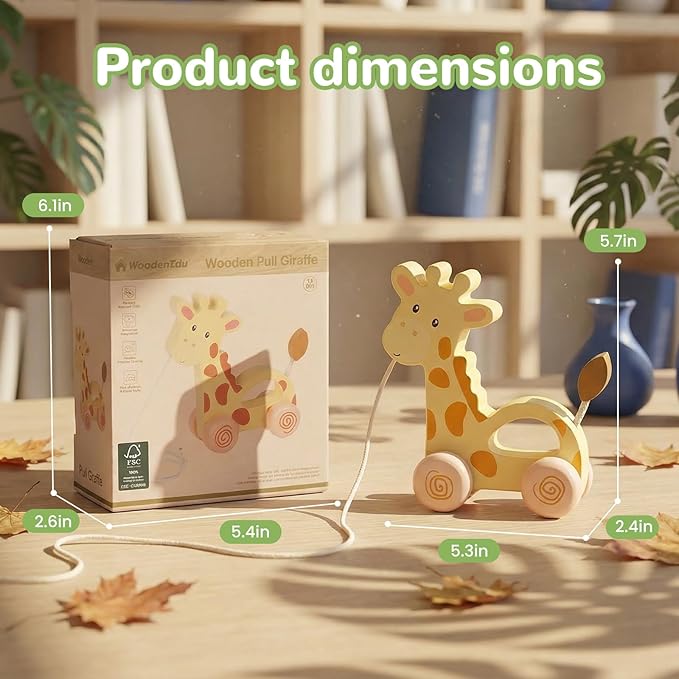 Baby Toys Car,Wooden Pull Along Toddler Toy, Developmental Toy for 1 Year Old Girl Boy Birthday Gift (Small Giraffe)