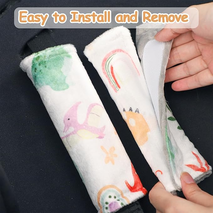 Baby Car Seat Strap Pads, Car Seat Strap Shoulder Covers for Baby Infant Toddler, Double-Sided Car Seat Belt Covers for Stroller/Pushchair/Baby Swing, Soft Flannel, Dinosaur