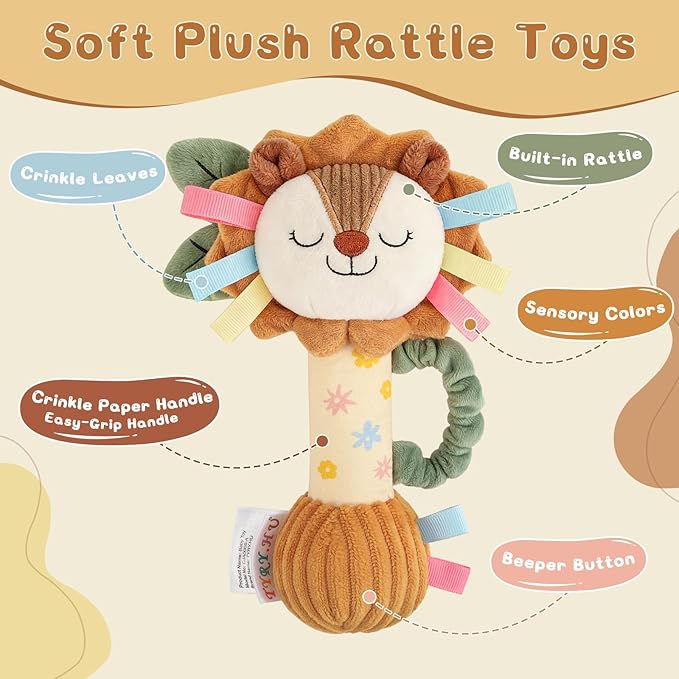 TYRY.HU Baby Rattles Toy, Plush Lion Rattle, Stuffed Animal Hand Rattles,Infant Grab Shake Rattle, Crinkle & Squeaker,Soft Sensory Toy with Sound for Babies 0-6 6-12 Months, Lion