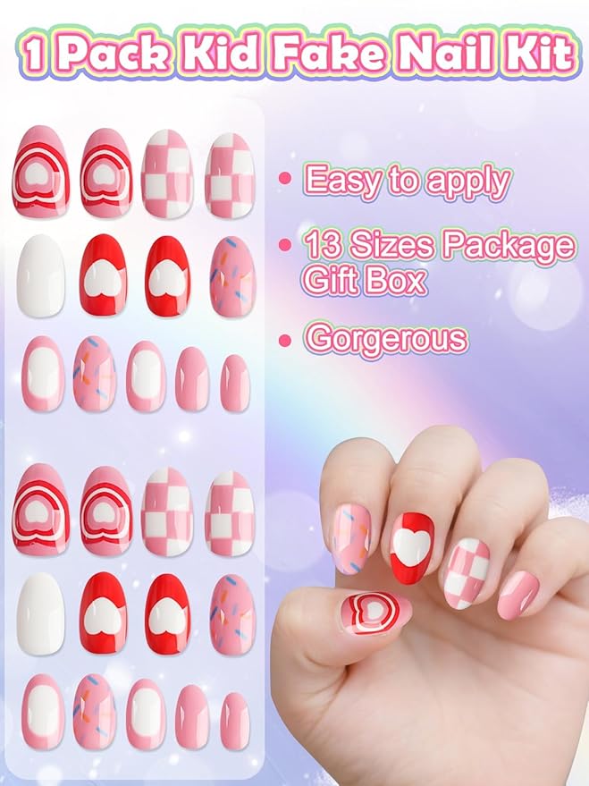 26PCS Press on Nails for Kids, TOROKOM Kid Fake Nail Set with Glue,Candy Heart Plaid Stick on Nails for Girls Gift Age 8 9 10 11 12