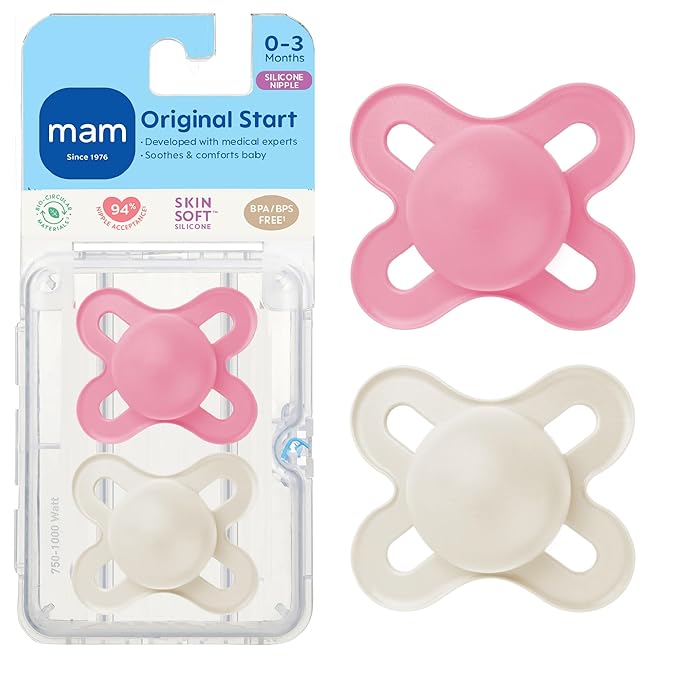 MAM Original Start Matte Baby Pacifiers 0-3 Months, BPA-Free Skin Soft Silicone Nipple, Developed with Medical Experts Specially for Smaller Newborn Mouths, Easy to Clean, 2 Pk with Sterilizer Case