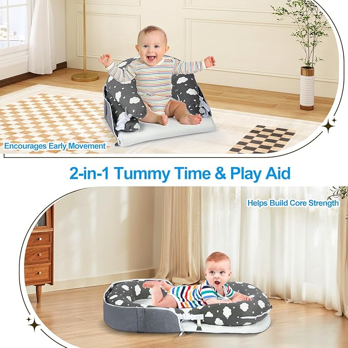 Portable Baby Lounger & Tummy Time with Zip-Up Carry Bag, Infant Support Cushion for Newborns to Toddlers (Cloud)