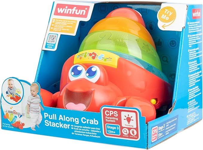 Winfun: Pull Along Crab Stacker - Lights & Sounds, Walking & Stacking Toy, 4 Colorful Cups, Motor Training, Sensory Toy, Baby & Toddler Ages 12mo+