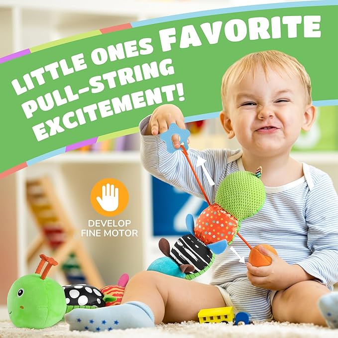 AWOTOY Baby Toys 6-12 Months Music Caterpillar Infant Toys Stuffed Animals 0-3-6 Months Tummy Time Teething Sensory Toys with Mirror Rattle&Pull String Boys Girls Birthday Gifts Easter Basket Stuffer