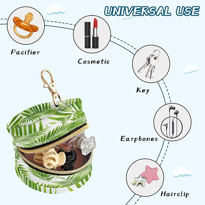 Pacifier Holder with Clip Pacifier Case for Diaper Bag Round Baby Pacifier Pouch Box Bag Portable Green Palm Leaves02