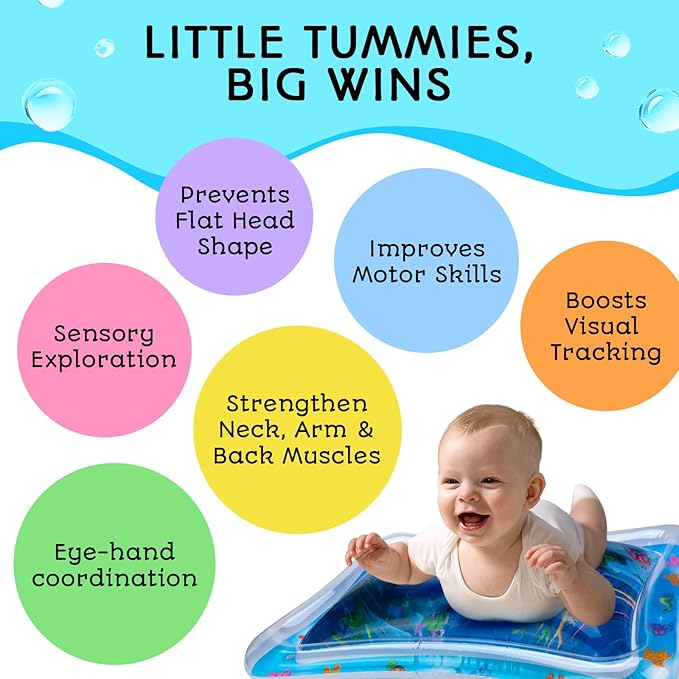 Tummy Time Water Mat – Inflatable Water Play Pad for Babies - Sensory Tummy Time Mat for Floor Play - 100% BPA-Free & Leakproof - Baby, Infants 3-12 Months – PAC3 - Blue - Avec Maman