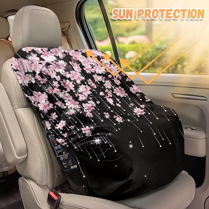 Baby Car Seat Sun Shade Cover, Infant Auto Seats Heat Protector Keeps Baby's Carseat at Cooler Temperature, Blocks Out Heat & Sun UV Covers, Universal Baby Travel Accessories, Cherry Blossom