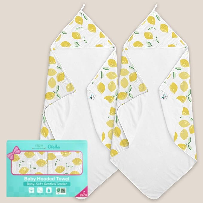 VOOVA & MOVAS Super Soft Infant Large Bath Essentials, Thick Unisex Baby Towels 100% Muslin Cotton, 32 x 32 Inches,Durability,Suitable for Newborn 0-18 Months Yellow Lemon Print Gift Set