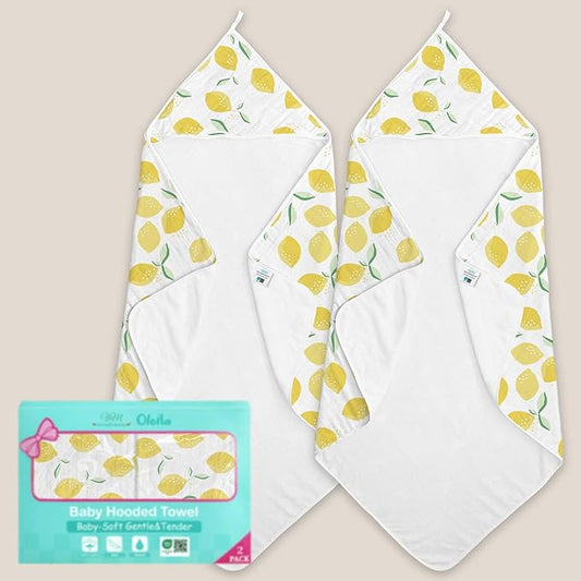VOOVA & MOVAS Super Soft Infant Large Bath Essentials, Thick Unisex Baby Towels 100% Muslin Cotton, 32 x 32 Inches,Durability,Suitable for Newborn 0-18 Months Yellow Lemon Print Gift Set