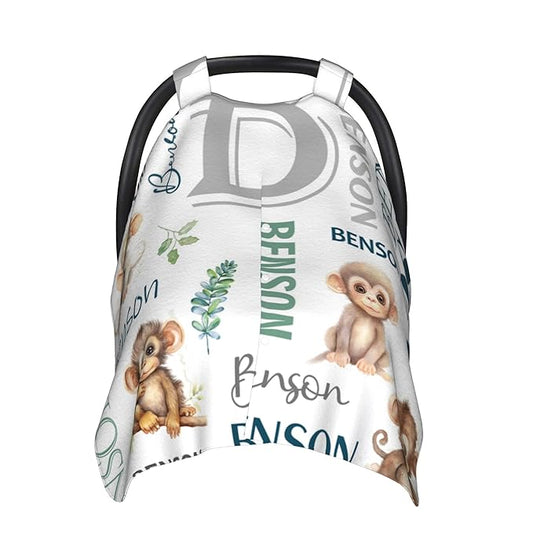 Personalized Winter Car Seat Covers for Babies with Name Monkey Minky Baby Car Seat Cover for Boys Girls Custom Infant Carseat Covers Baby Blanket Nursing Cover Breastfeeding Scarf